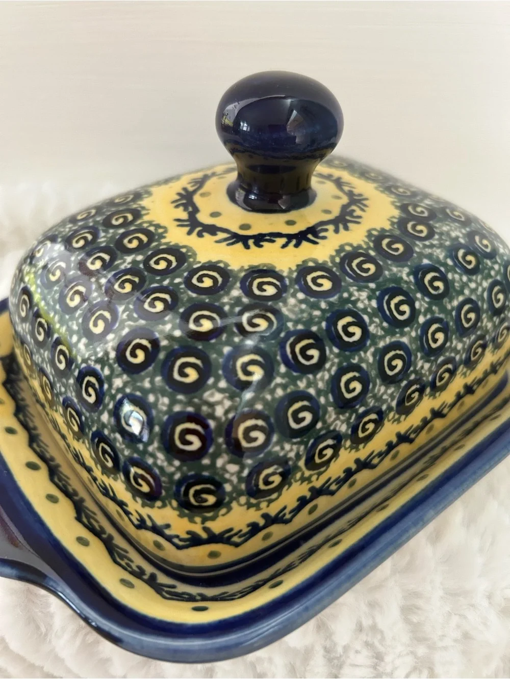 Polish Pottery Butter Dish with Lid Handmade in Poland Blue/Yellow/Cream